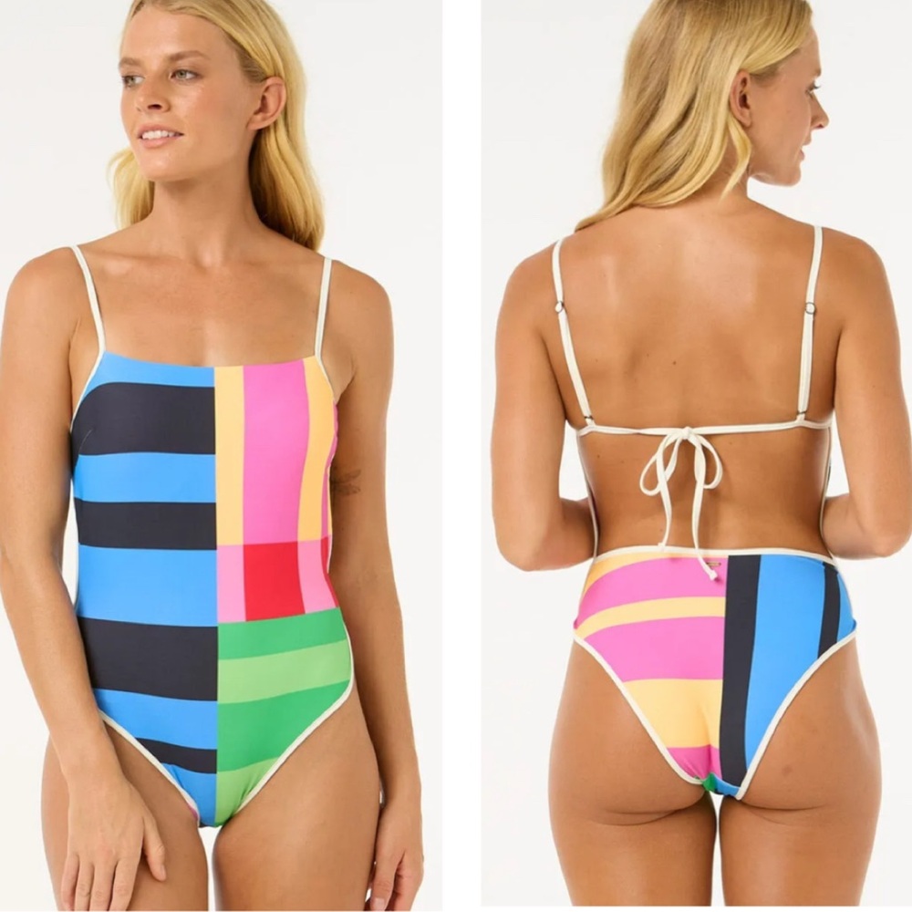 Rip Curl Colorblock Stripe One-Piece Swimsuit — Blue, Pink, Green, Yellow, Black